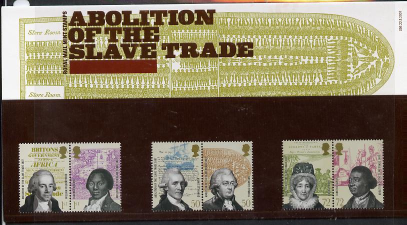Great Britain 2007 Abolition of the Slave Trade perf set of 6 values (3 x se-tenant pairs) in official presentation pack unmounted mint SG 2728-33, stamps on slavery, stamps on personalities, stamps on ships, stamps on human rights
