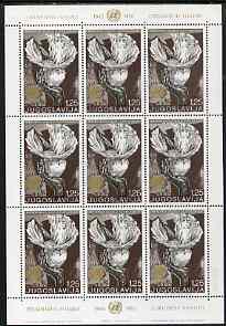 Yugoslavia 1970 25th Anniversary of United Nations sheetlet containing block of 9 unmounted mint, SG 1437, stamps on united nations, stamps on doves