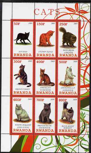 Rwanda 2009 Domestic Cats perf sheetlet containing 9 values unmounted mint, stamps on , stamps on  stamps on cats