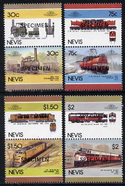 Nevis 1986 Locomotives #5 (Leaders of the World) set of 8 optd SPECIMEN (as SG 352-59) unmounted mint, stamps on railways