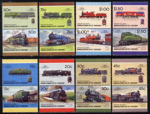 St Vincent - Union Island 1987 Locomotives #7 (Leaders of the World) set of 16 opt'd SPECIMEN unmounted mint, stamps on , stamps on  stamps on railways