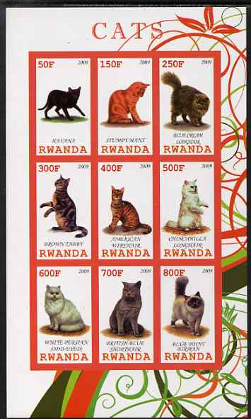 Rwanda 2009 Domestic Cats imperf sheetlet containing 9 values unmounted mint, stamps on , stamps on  stamps on cats