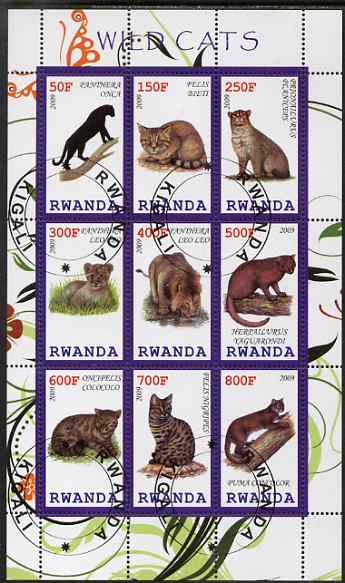 Rwanda 2009 Wild Cats perf sheetlet containing 9 values fine cto used, stamps on cats