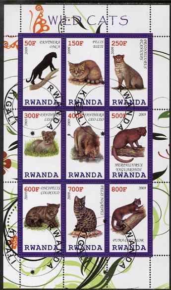 Rwanda 2009 Wild Cats perf sheetlet containing 9 values fine cto used, stamps on , stamps on  stamps on cats