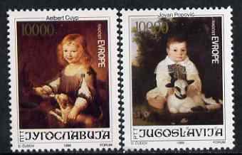 Yugoslavia 1989 21st Joy of Europe (Paintings of Children with Animals) set of 2 unmounted mint, SG 2568-69, stamps on , stamps on  stamps on europa, stamps on arts, stamps on children, stamps on animals, stamps on dogs, stamps on sheep, stamps on ovine