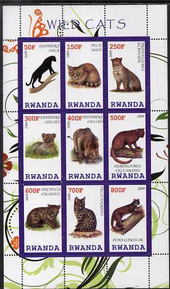 Rwanda 2009 Wild Cats perf sheetlet containing 9 values unmounted mint, stamps on , stamps on  stamps on cats