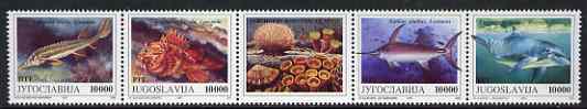 Yugoslavia 1993 Marine Animals strip of 4 plus label unmounted mint, SG 2845a, stamps on animals, stamps on marine life, stamps on fish, stamps on dolphins, stamps on shells