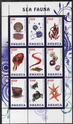 Rwanda 2009 Marine Life perf sheetlet containing 9 values unmounted mint, stamps on , stamps on  stamps on marine life, stamps on  stamps on shells, stamps on  stamps on seaweed, stamps on  stamps on crabs, stamps on  stamps on fish