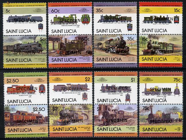 St Lucia 1985 Locomotives #3 (Leaders of the World) set of 16 optd SPECIMEN (as SG 761-76) unmounted mint, stamps on railways