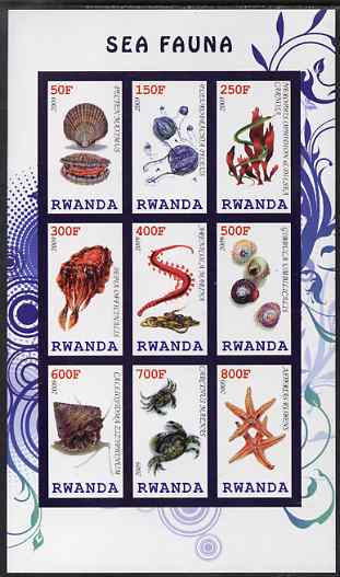 Rwanda 2009 Marine Life imperf sheetlet containing 9 values unmounted mint, stamps on marine life, stamps on shells, stamps on seaweed, stamps on crabs, stamps on fish