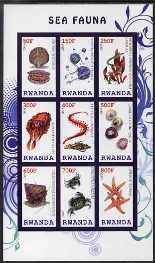 Rwanda 2009 Marine Life imperf sheetlet containing 9 values unmounted mint, stamps on , stamps on  stamps on marine life, stamps on  stamps on shells, stamps on  stamps on seaweed, stamps on  stamps on crabs, stamps on  stamps on fish