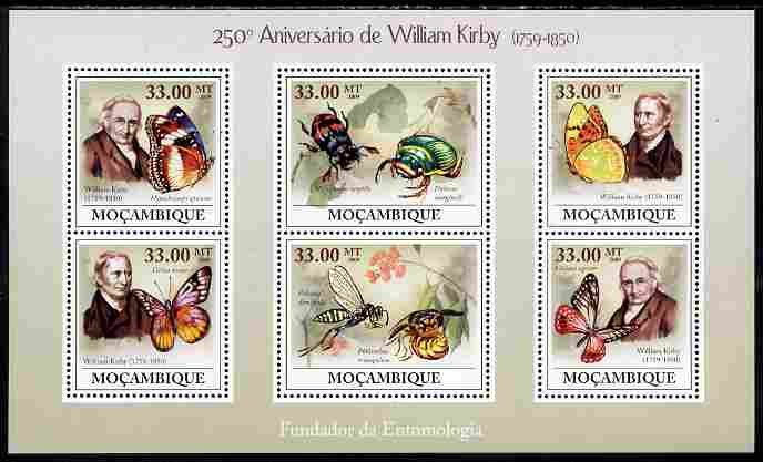 Mozambique 2009 250th Anniversary of William Kirby perf sheetlet containing 6 values unmounted mint, stamps on , stamps on  stamps on personalities, stamps on  stamps on butterflies, stamps on  stamps on insects