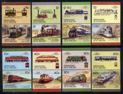 St Vincent - Grenadines 1987 Locomotives #8 (Leaders of the World) set of 16 opt'd SPECIMEN (as SG 520-35) unmounted mint, stamps on railways