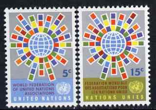 United Nations (NY) 1966 WFUNA set of 2 unmounted mint, SG 154-55, stamps on , stamps on  stamps on flags, stamps on globes, stamps on united nations