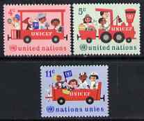 United Nations (NY) 1966 20th Anniversary of UNICEF set of 3 unmounted mint, SG 161-63, stamps on , stamps on  stamps on united nations, stamps on unicef, stamps on railways, stamps on children, stamps on toys