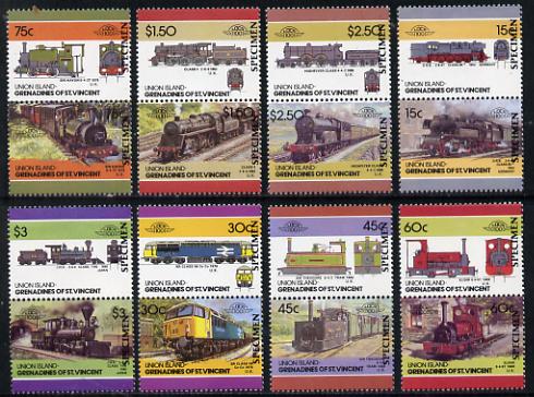 St Vincent - Union Island 1986 Locomotives #4 (Leaders of the World) set of 16 opt'd SPECIMEN unmounted mint, stamps on , stamps on  stamps on railways