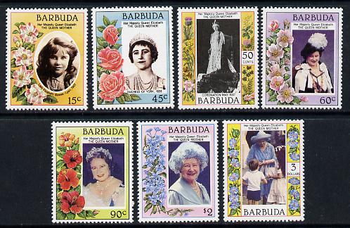 Barbuda 1985 Life & Times of HM Queen Mother set of 7 unmounted mint, SG 776-82, stamps on , stamps on  stamps on royalty        flowers      queen mother