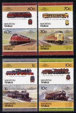 Tuvalu - Nukufetau 1985 Locomotives #1 (Leaders of the World) set of 8 optd SPECIMEN unmounted mint, stamps on railways