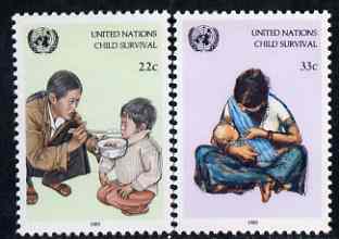 United Nations (NY) 1985 UNICEF Child Survival Campaign set of 2 unmounted mint, SG 475-76, stamps on food, stamps on children, stamps on united nations, stamps on unicef