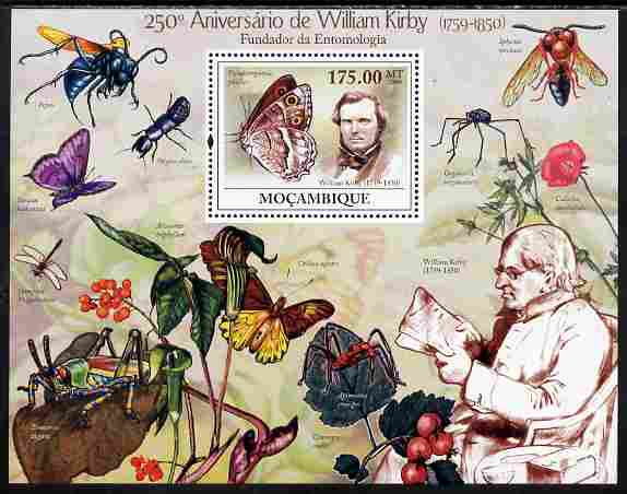 Mozambique 2009 250th Anniversary of William Kirby perf s/sheet unmounted mint, stamps on , stamps on  stamps on personalities, stamps on  stamps on butterflies, stamps on  stamps on insects
