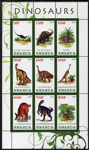 Rwanda 2009 Dinosaurs #2 perf sheetlet containing 9 values unmounted mint, stamps on dinosaurs