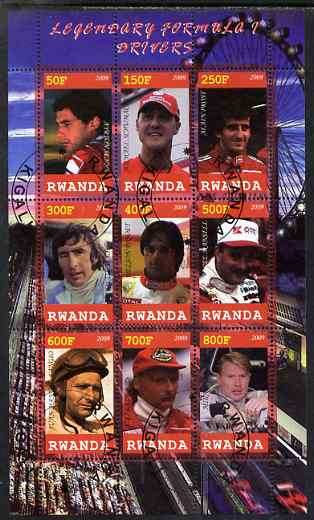 Rwanda 2009 Formula 1 Drivers perf sheetlet containing 9 values fine cto used, stamps on personalities, stamps on sports, stamps on  f1 , stamps on formula 1, stamps on scots, stamps on scotland