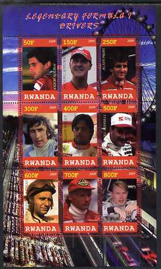 Rwanda 2009 Formula 1 Drivers perf sheetlet containing 9 values unmounted mint, stamps on , stamps on  stamps on personalities, stamps on  stamps on sports, stamps on  stamps on  f1 , stamps on  stamps on formula 1, stamps on  stamps on scots, stamps on  stamps on scotland