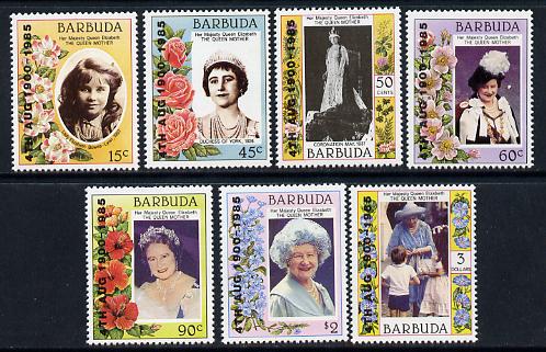 Barbuda 1985 Life & Times of HM Queen Mother 85th B'day opt set of 7 (SG 809-15) unmounted mint, stamps on , stamps on  stamps on flowers, stamps on  stamps on royalty, stamps on  stamps on queen mother