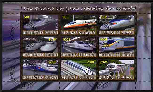 Djibouti 2010 Worlds Fastest Trains perf sheetlet containing 9 values fine cto used, stamps on , stamps on  stamps on railways