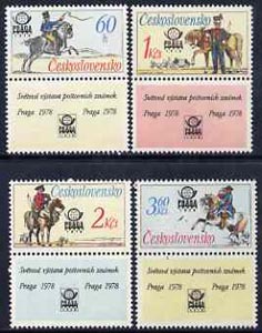 Czechoslovakia 1977 'Praga 78' Stamp Exhibition (4th issue - Postal Riders) set of 4 (each with label) unmounted mint, SG 2339-42, stamps on , stamps on  stamps on stamp exhibitions, stamps on horses, stamps on postman, stamps on postal