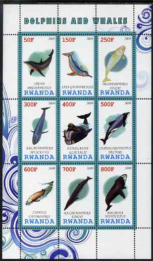 Rwanda 2009 Whales & Dolphins perf sheetlet containing 9 values unmounted mint, stamps on marine life, stamps on whales, stamps on dolphins, stamps on fish, stamps on mammals