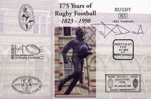 Postcard privately produced in 1998 (coloured) for the 175th Anniversary of Rugby, signed by Michael Dods (Scotland - 8 caps, Gala, Northampton & Rugby Lions) unused and pristine, stamps on rugby, stamps on sport, stamps on scots, stamps on scotland