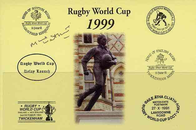 Postcard privately produced in 1999 (coloured) for the Rugby World Cup, signed by Mike Watkins (Wales Captain - 4 caps, Cardiff, Newport Captain) unused and pristine, stamps on rugby, stamps on sport