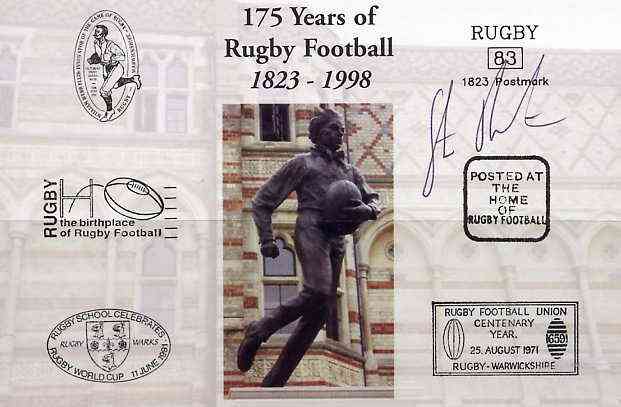 Postcard privately produced in 1998 (coloured) for the 175th Anniversary of Rugby, signed by Steve Brotherstone (Scotland - 7 caps, Brive, Northampton) unused and pristine
