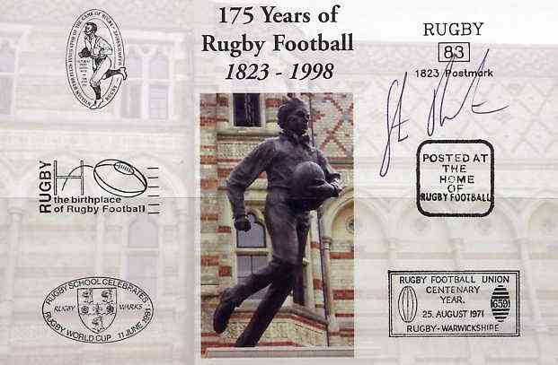 Postcard privately produced in 1998 (coloured) for the 175th Anniversary of Rugby, signed by Steve Brotherstone (Scotland - 7 caps, Brive, Northampton) unused and pristine, stamps on rugby, stamps on sport, stamps on scots, stamps on scotland