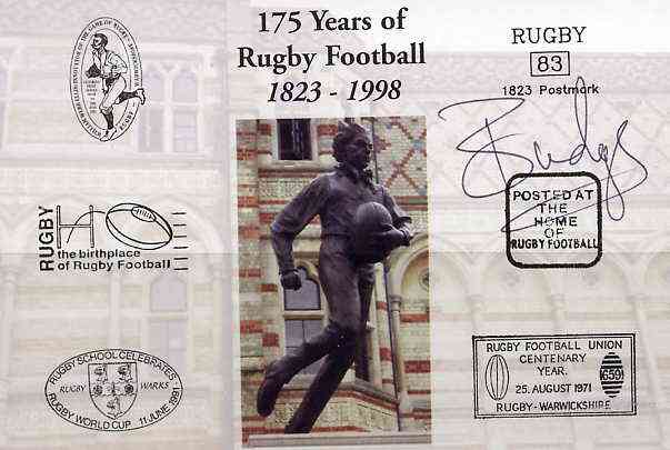 Postcard privately produced in 1998 (coloured) for the 175th Anniversary of Rugby, signed by Budge Poutney (Scotland - 24 caps & Captain, Northampton) unused and pristine, stamps on , stamps on  stamps on rugby, stamps on  stamps on sport, stamps on  stamps on scots, stamps on  stamps on scotland