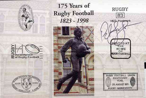 Postcard privately produced in 1998 (coloured) for the 175th Anniversary of Rugby, signed by Peter Jorgensen (Australia - 2 caps, Penrith, Northampton) unused and pristine, stamps on , stamps on  stamps on rugby, stamps on  stamps on sport