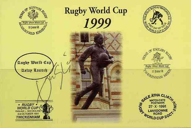 Postcard privately produced in 1999 (coloured) for the Rugby World Cup, signed by John Sleightholme (England - 12 caps, Bath, Northampton) unused and pristine, stamps on , stamps on  stamps on rugby, stamps on  stamps on sport