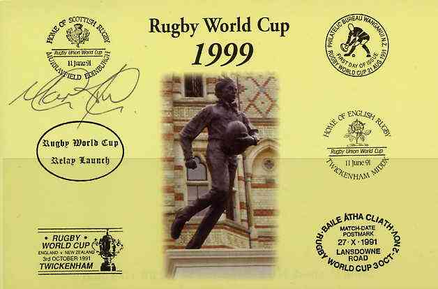Postcard privately produced in 1999 (coloured) for the Rugby World Cup, signed by Mark Tucker (England U21 captain, Northampton) unused and pristine, stamps on rugby, stamps on sport