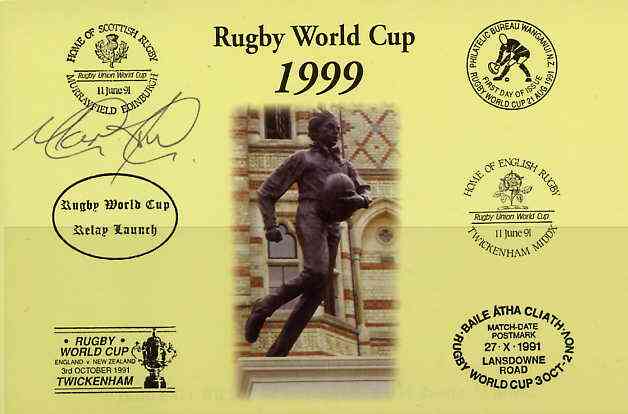 Postcard privately produced in 1999 (coloured) for the Rugby World Cup, signed by Mark Tucker (England U21 captain, Northampton) unused and pristine, stamps on , stamps on  stamps on rugby, stamps on  stamps on sport