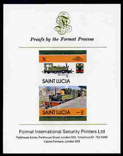 St Lucia 1984 Locomotives #2 (Leaders of the World) 1c 'Taw 2-6-2 UK' se-tenant pair imperf mounted on Format International proof card, stamps on , stamps on  stamps on railways