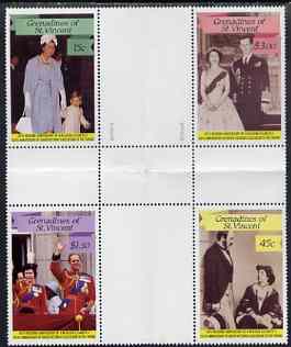 St Vincent - Grenadines 1987 Ruby Wedding 4 values in se-tenant cross-gutter block (folded through gutters) unmounted mint SG 536-39, stamps on royalty, stamps on ruby