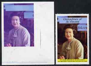 St Vincent - Grenadines 1987 Ruby Wedding $4 (Queen) imperf proof in magenta & blue only, plus issued stamp SG 540 unmounted mint, stamps on , stamps on  stamps on royalty, stamps on ruby