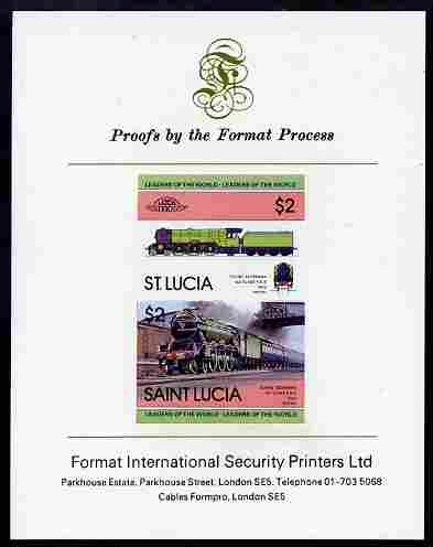 St Lucia 1983 Locomotives #1 (Leaders of the World) $2 Flying Scotsman se-tenant pair imperf mounted on Format International proof card, stamps on railways