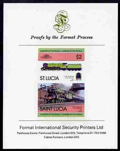 St Lucia 1983 Locomotives #1 (Leaders of the World) $2 Flying Scotsman se-tenant pair imperf mounted on Format International proof card, stamps on , stamps on  stamps on railways