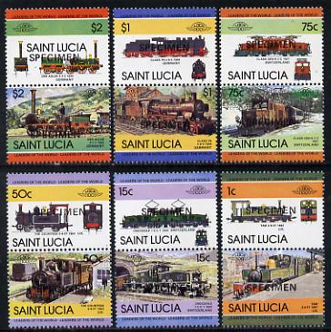 St Lucia 1984 Locomotives #2 (Leaders of the World) set of 12 optd SPECIMEN (as SG 715-26) unmounted mint, stamps on railways