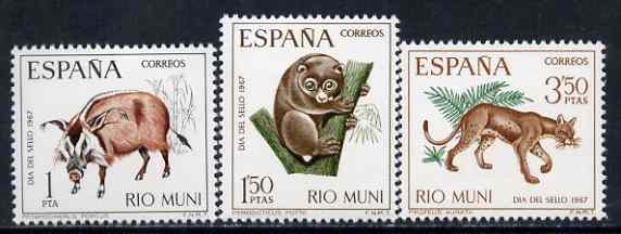 Rio Muni 1967 Stamp Day (Pig, Potto & Golden Cat) set of 3 unmounted mint, SG 80-82, stamps on postal, stamps on animals, stamps on swine, stamps on cats