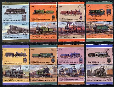 St Vincent - Union Island 1987 Locomotives #6 (Leaders of the World) set of 16 optd SPECIMEN unmounted mint, stamps on railways