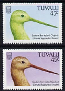 Tuvalu 1988 Bar-Tailed Godwit 45c with red omitted plus normal, both unmounted mint, SG 510var, stamps on , stamps on  stamps on birds, stamps on  stamps on godwits