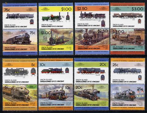 St Vincent - Union Island 1984 Locomotives #2 (Leaders of the World) set of 16 opt'd SPECIMEN unmounted mint, stamps on railways